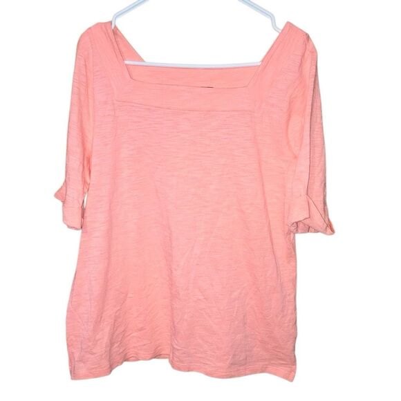 Talbots NEW Pink Square neck Cuffed Short Sleeve Cotton Blend Top L #761 - Picture 2 of 9